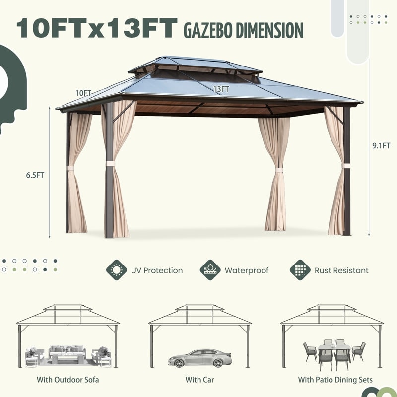 Gazebo rigide pour jardin – Pergola permanente avec moustiquaire, rideaux et double toit, abri extérieur toutes saisons