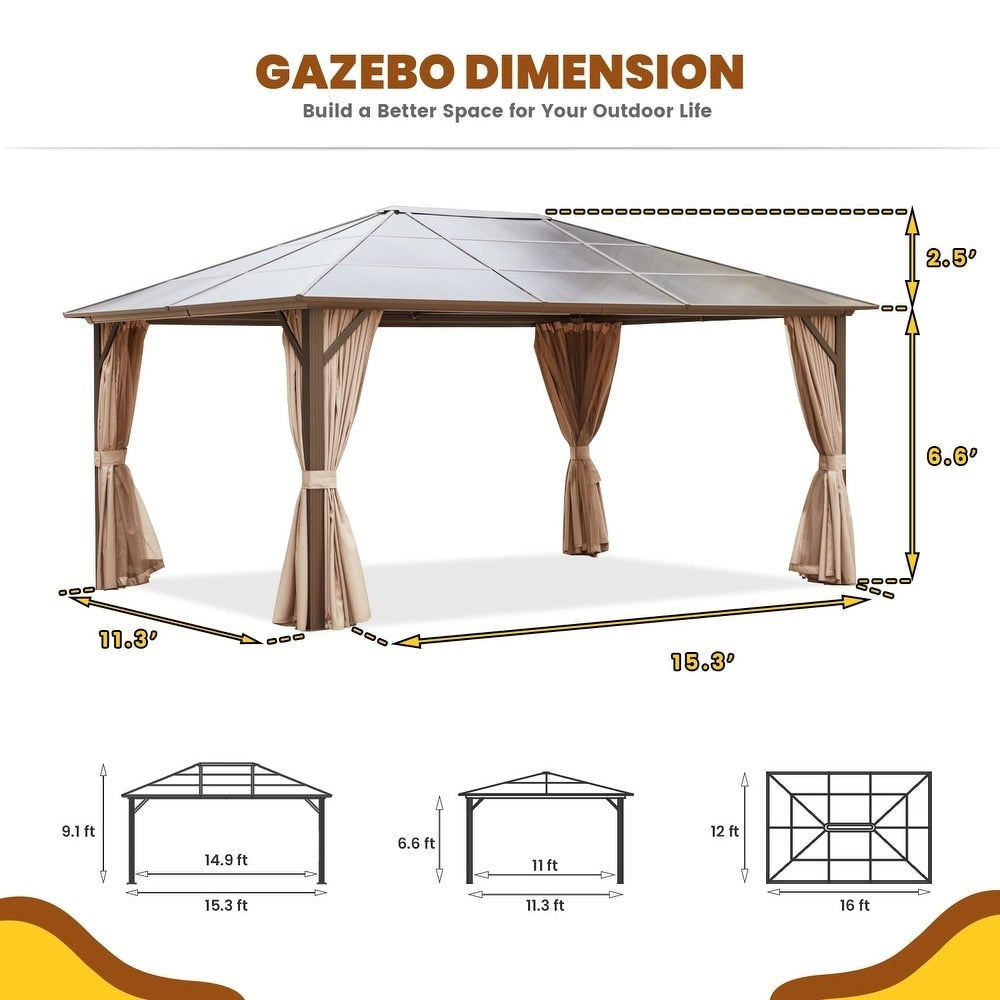 Gazebo rigide pour jardin – Pergola permanente avec moustiquaire, rideaux et double toit, abri extérieur toutes saisons