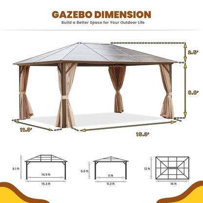 Gazebo rigide pour jardin – Pergola permanente avec moustiquaire, rideaux et double toit, abri extérieur toutes saisons