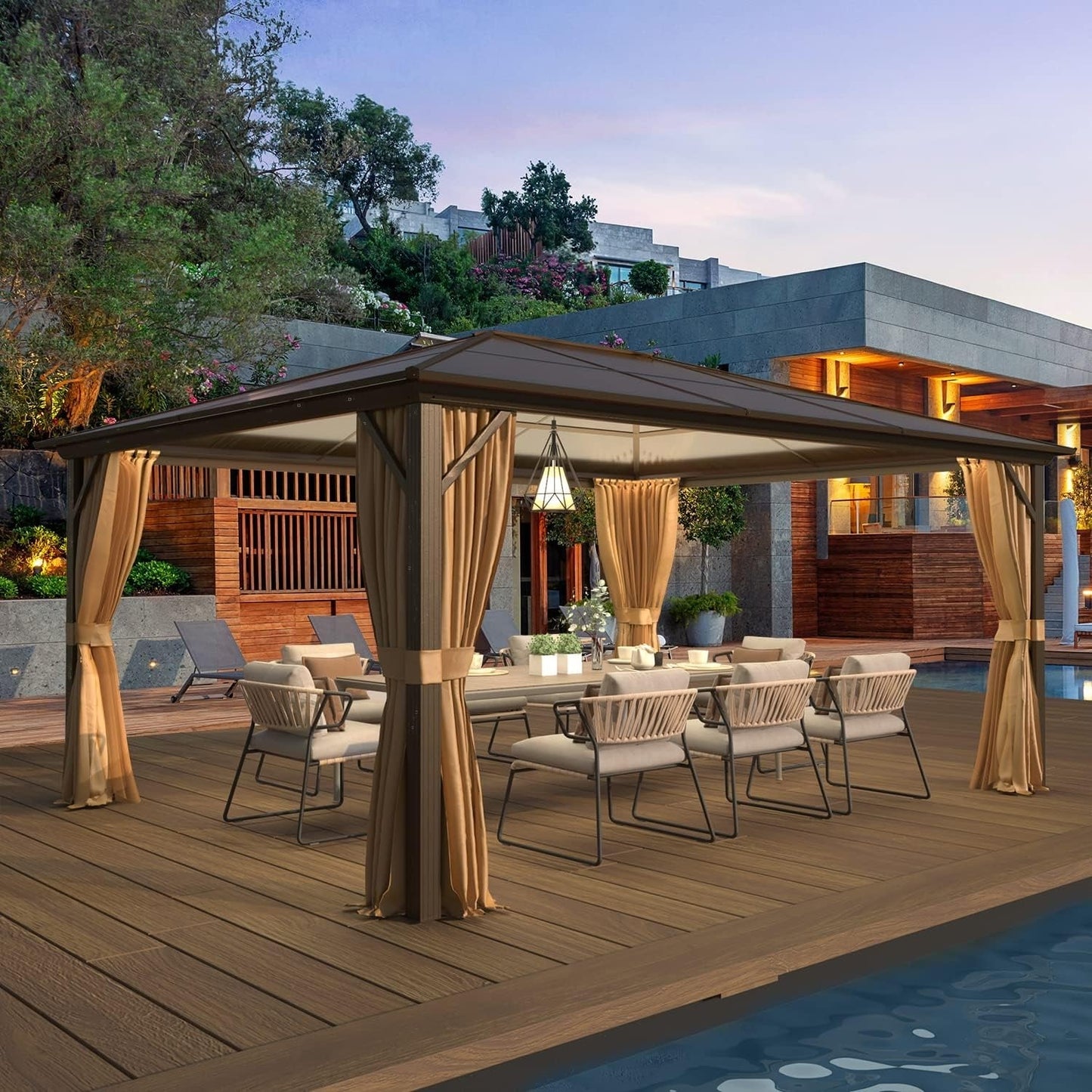 Gazebo rigide pour jardin – Pergola permanente avec moustiquaire, rideaux et double toit, abri extérieur toutes saisons