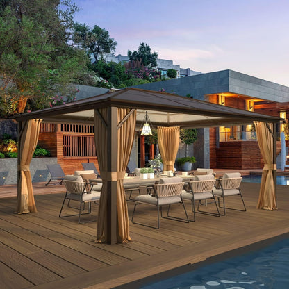Gazebo rigide pour jardin – Pergola permanente avec moustiquaire, rideaux et double toit, abri extérieur toutes saisons