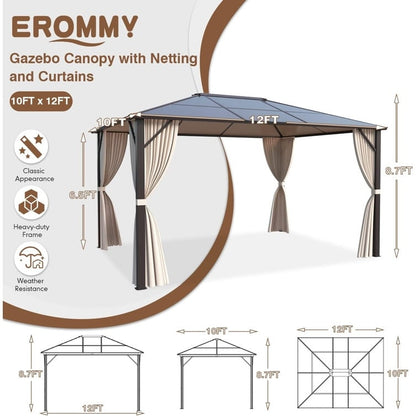 Gazebo rigide pour jardin – Pergola permanente avec moustiquaire, rideaux et double toit, abri extérieur toutes saisons