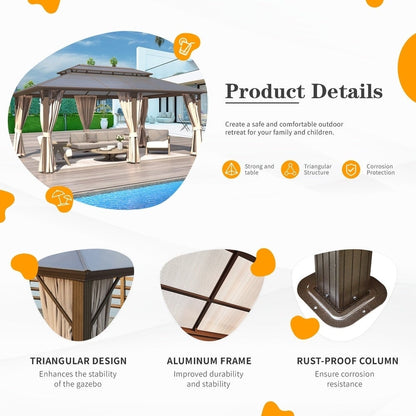 Gazebo rigide pour jardin – Pergola permanente avec moustiquaire, rideaux et double toit, abri extérieur toutes saisons