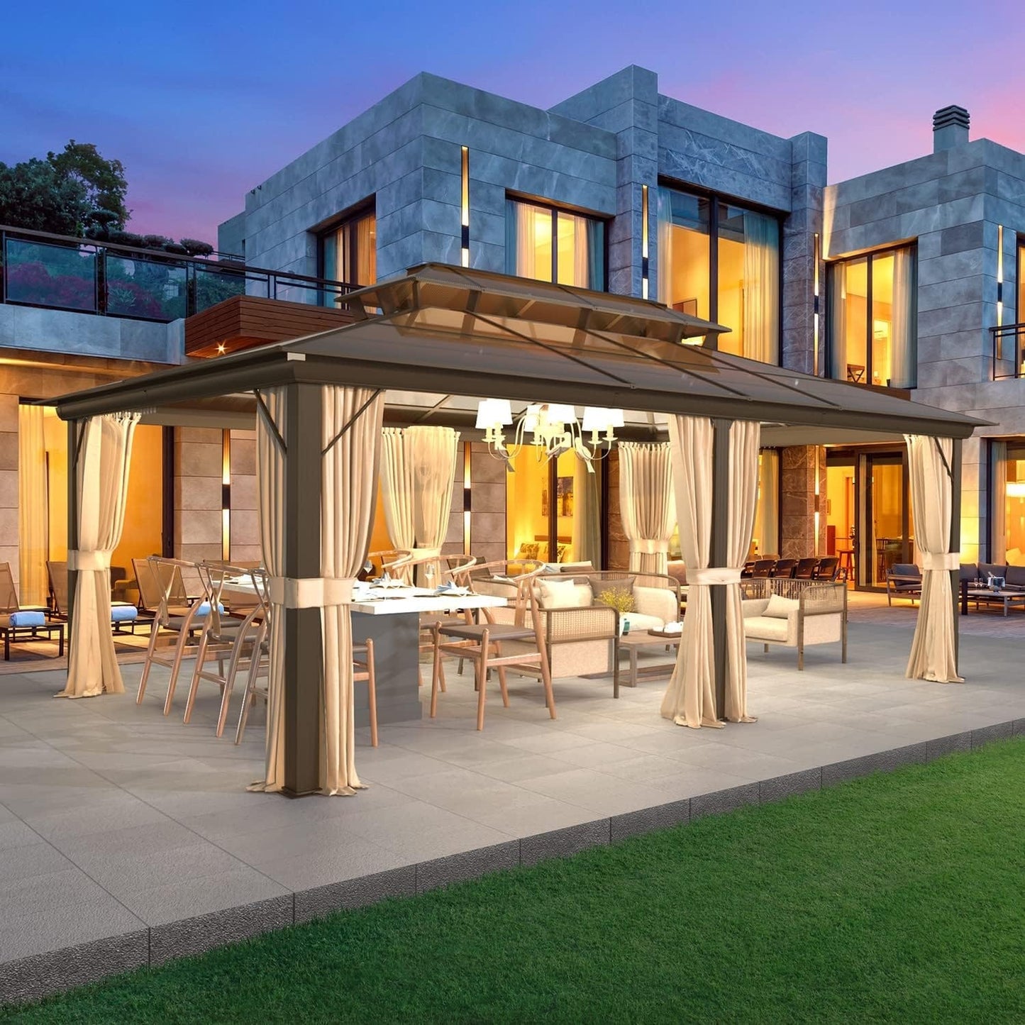 Gazebo rigide pour jardin – Pergola permanente avec moustiquaire, rideaux et double toit, abri extérieur toutes saisons