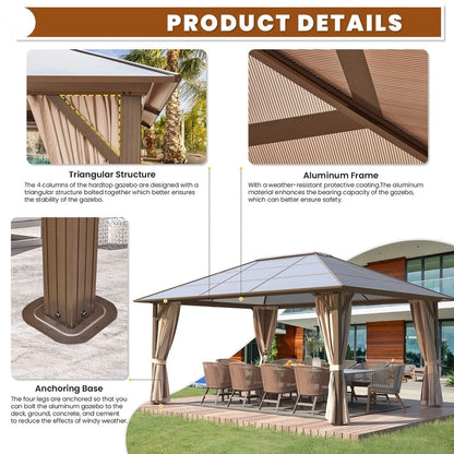 Gazebo rigide pour jardin – Pergola permanente avec moustiquaire, rideaux et double toit, abri extérieur toutes saisons