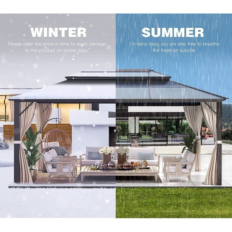 Gazebo rigide pour jardin – Pergola permanente avec moustiquaire, rideaux et double toit, abri extérieur toutes saisons