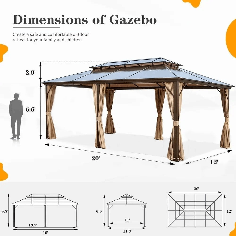 Gazebo rigide pour jardin – Pergola permanente avec moustiquaire, rideaux et double toit, abri extérieur toutes saisons