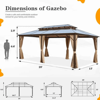 Gazebo rigide pour jardin – Pergola permanente avec moustiquaire, rideaux et double toit, abri extérieur toutes saisons