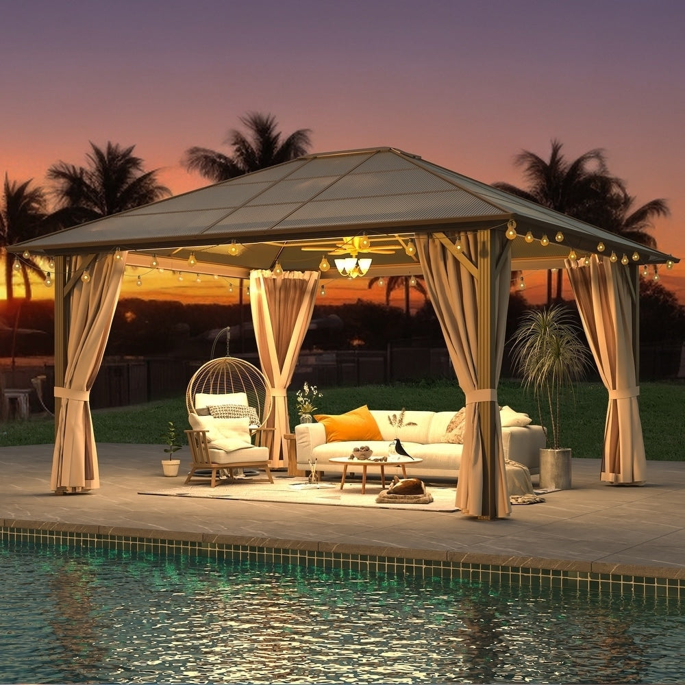 Gazebo rigide pour jardin – Pergola permanente avec moustiquaire, rideaux et double toit, abri extérieur toutes saisons