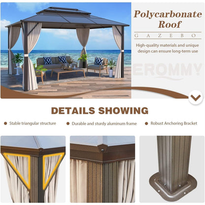 Gazebo rigide pour jardin – Pergola permanente avec moustiquaire, rideaux et double toit, abri extérieur toutes saisons