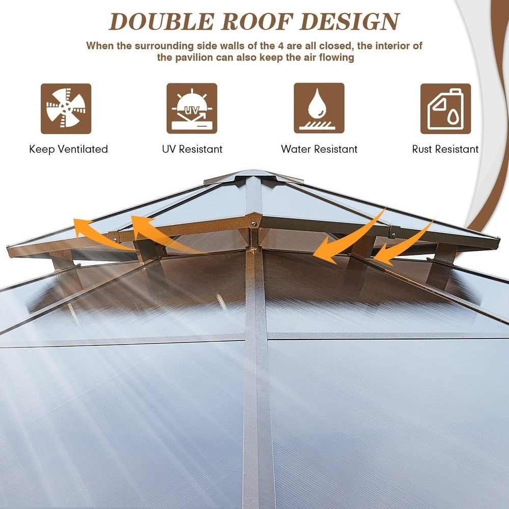 Gazebo rigide pour jardin – Pergola permanente avec moustiquaire, rideaux et double toit, abri extérieur toutes saisons