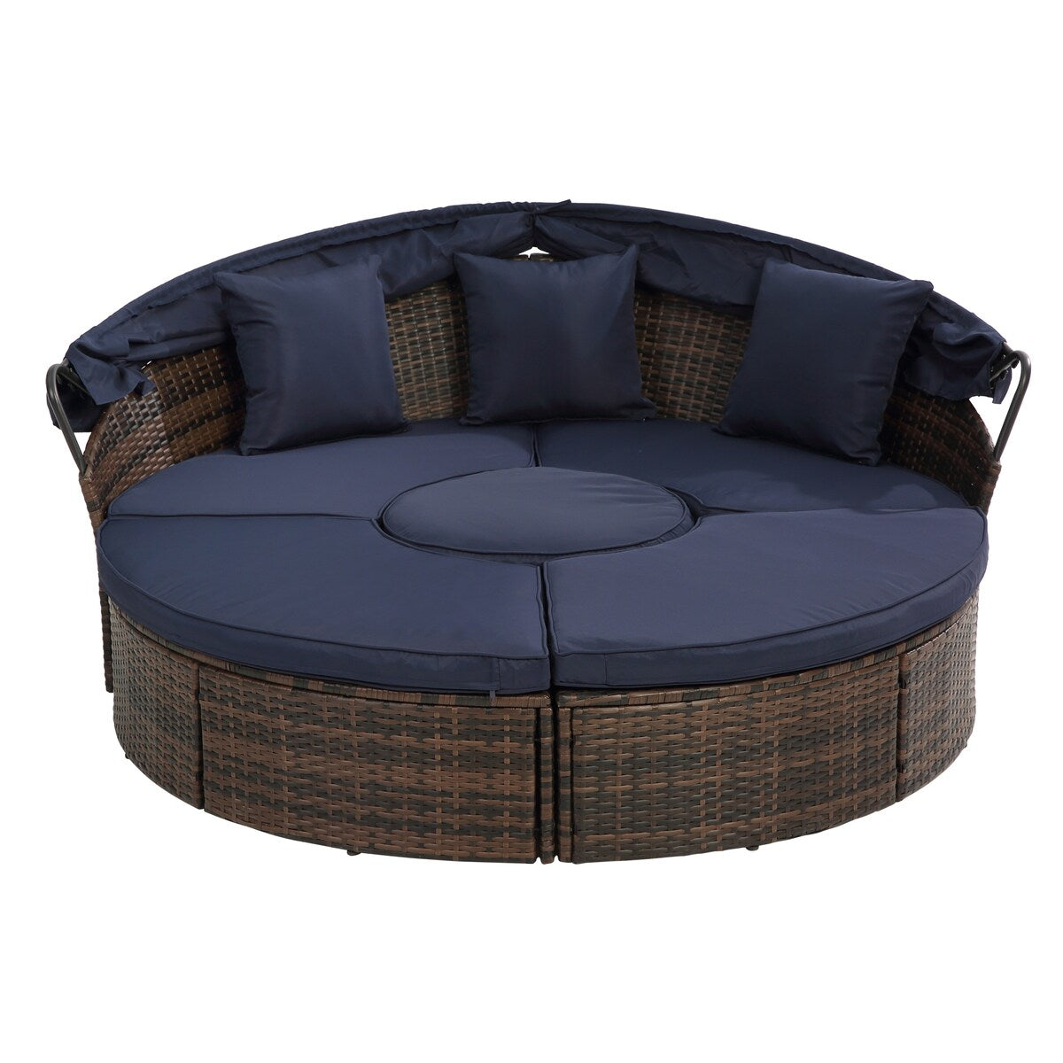 Lit de jour rond en rotin d'extérieur avec auvent et table basse relevable, canapé-lit bleu marine à assise profonde avec oreillers et coussins lavables