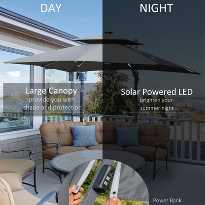 Parasol de terrasse Outsunny de 3 m (10 pi) à LED solaires, parasol déporté avec rotation à 360°, base en croix, 8 baleines, inclinaison et manivelle