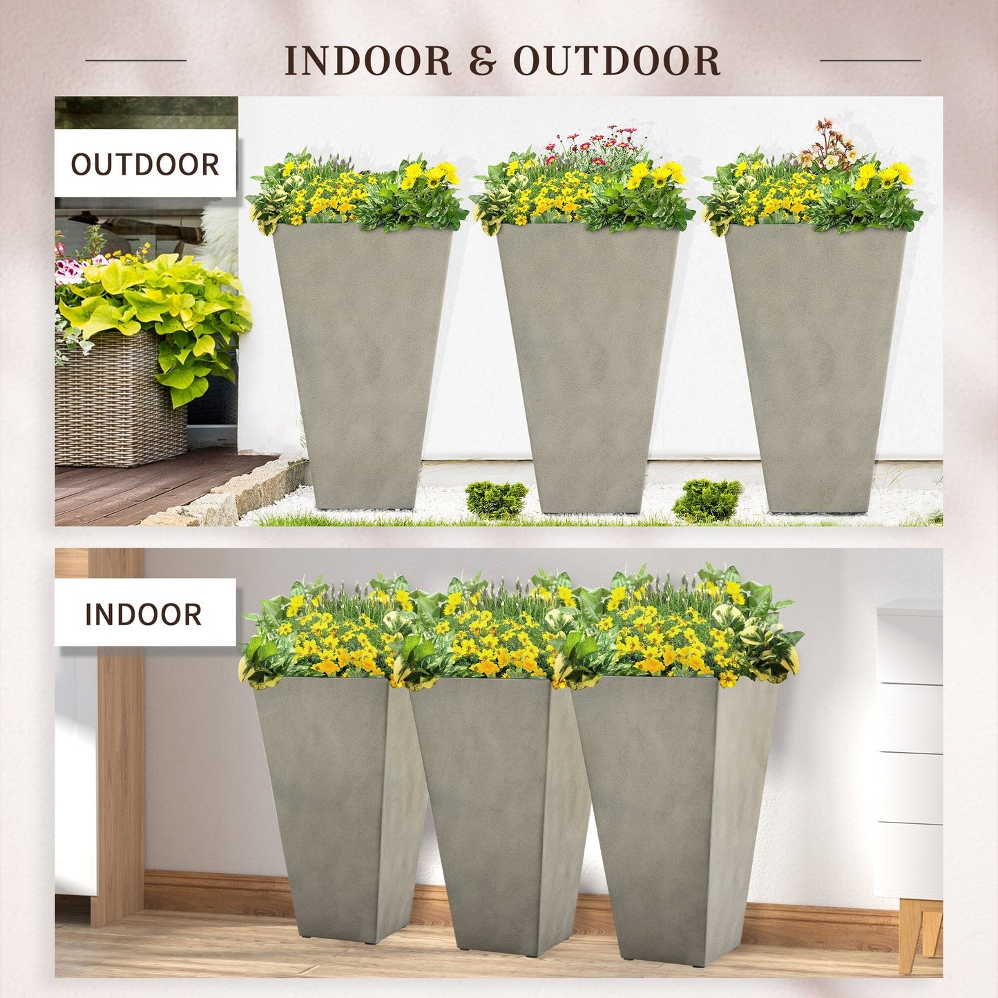 Ensemble de 3 pots de fleurs en plastique Outsunny de 71 cm de haut, grands pots de jardin en plastique pour l'intérieur et l'extérieur, pour l'entrée, la terrasse et le jardin.