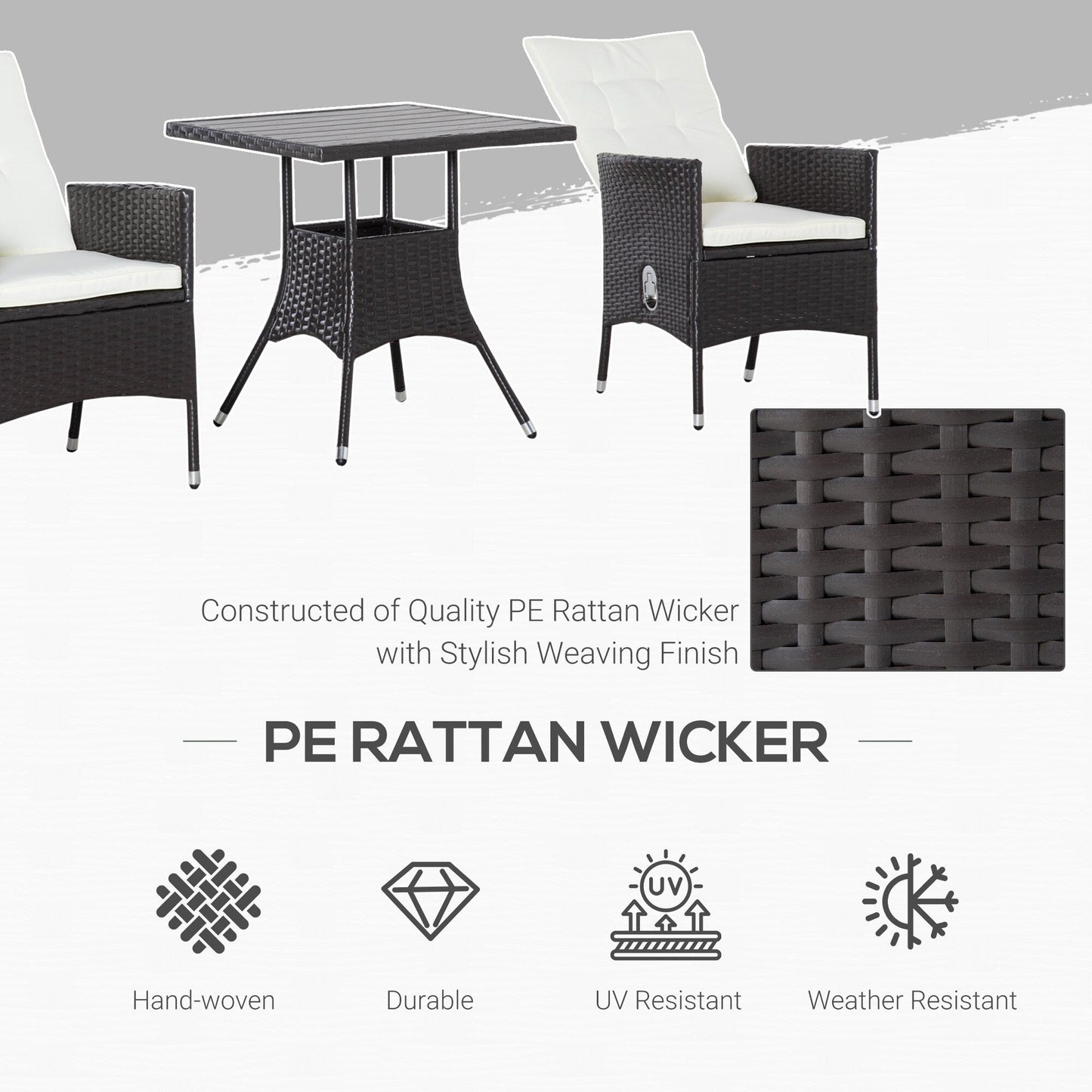 Ensemble de canapé de patio 3 pièces Outsunny en rotin PE, fauteuils inclinables d'extérieur, table basse avec plateau en plastique imitation bois