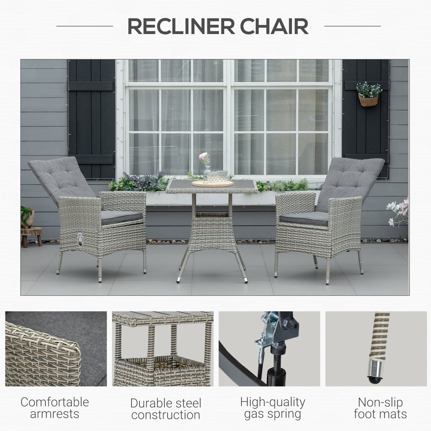 Ensemble de canapé de patio 3 pièces Outsunny en rotin PE, fauteuils inclinables d'extérieur, table basse avec plateau en plastique imitation bois