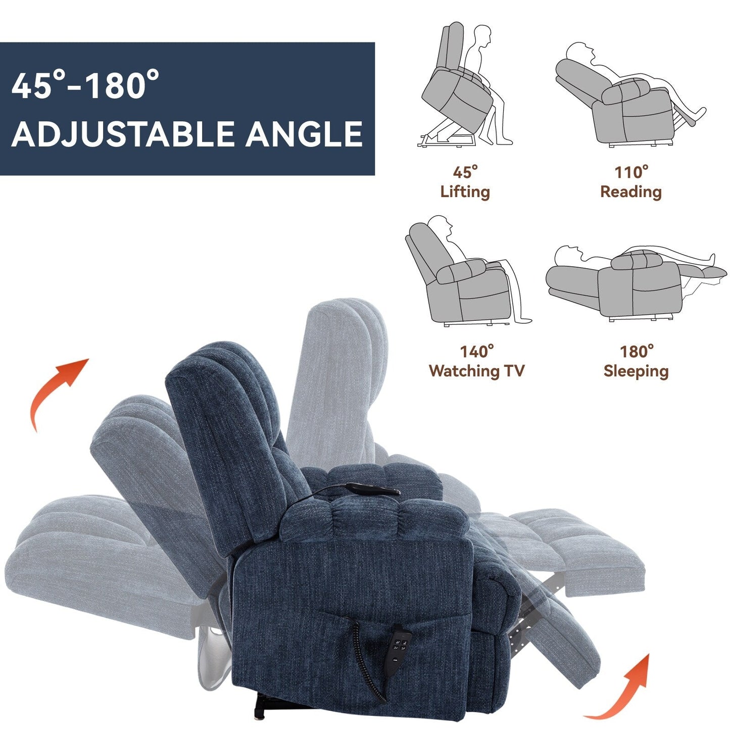 Fauteuil inclinable électrique surdimensionné en chenille avec massage et chauffage lombaire, inclinaison à positions infinies