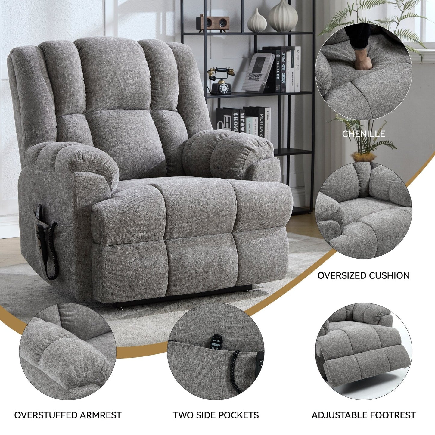 Fauteuil inclinable électrique surdimensionné en chenille avec massage et chauffage lombaire, inclinaison à positions infinies