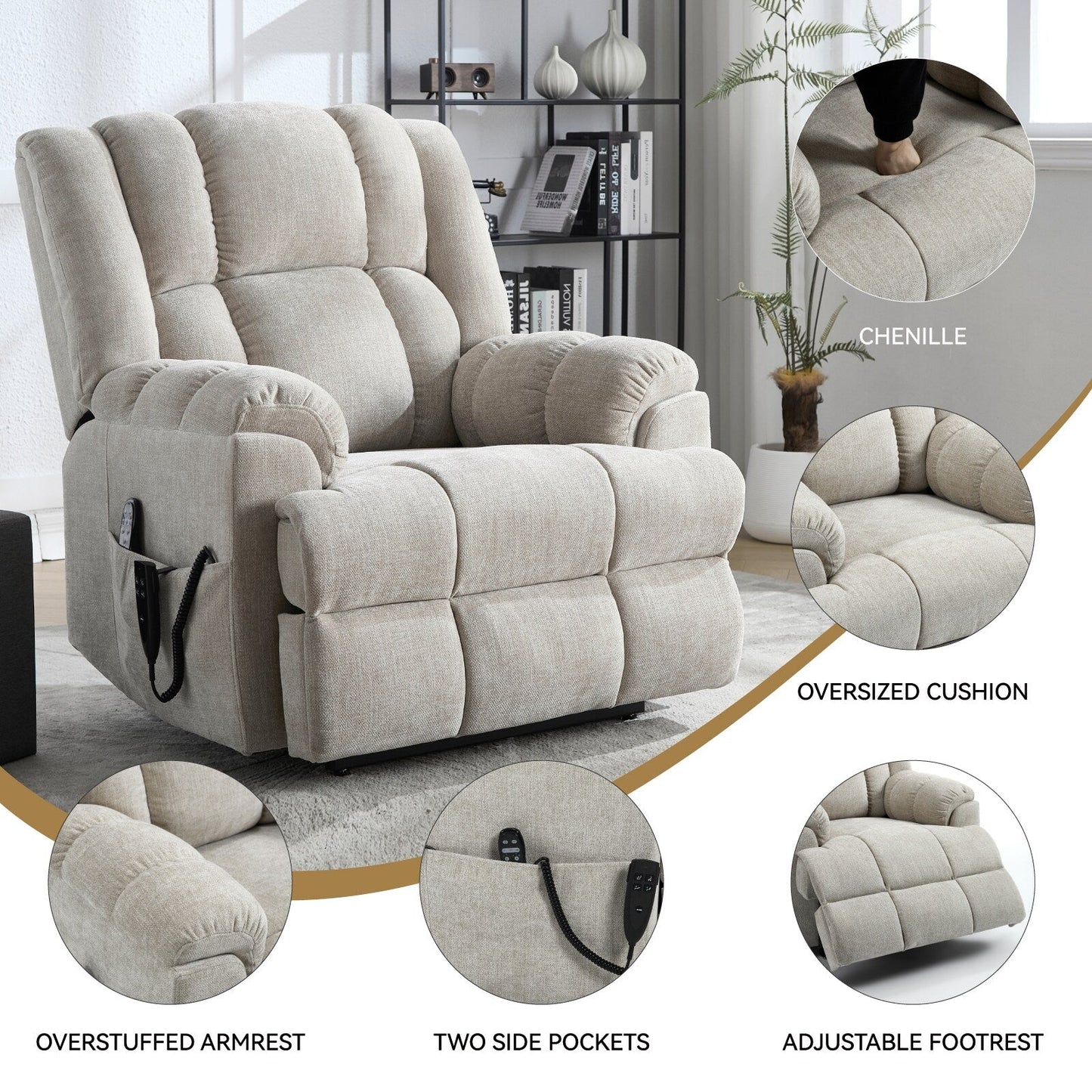 Fauteuil inclinable électrique surdimensionné en chenille avec massage et chauffage lombaire, inclinaison à positions infinies