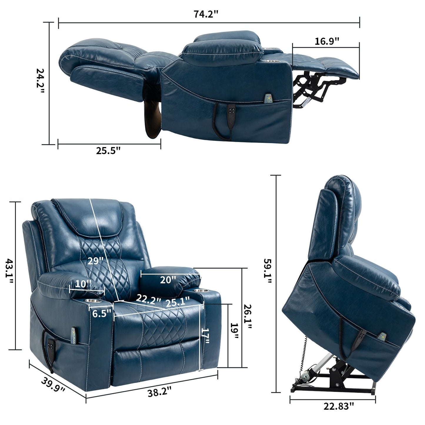 Fauteuil inclinable électrique surdimensionné en cuir PU avec fonction massage, chauffage lombaire, porte-gobelet, inclinaison à 180°