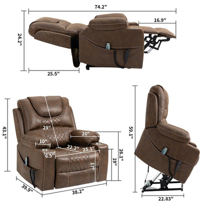 Fauteuil inclinable électrique surdimensionné en cuir PU avec fonction massage, chauffage lombaire, porte-gobelet, inclinaison à 180°