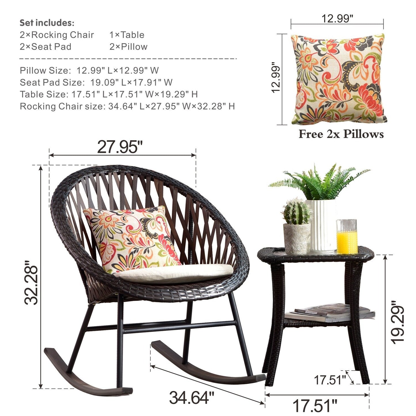 Ensemble bistro de patio OVIOS 3 pièces avec fauteuil à bascule et table basse en verre