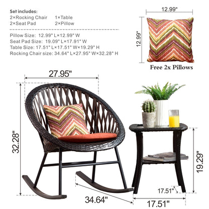 Ensemble bistro de patio OVIOS 3 pièces avec fauteuil à bascule et table basse en verre