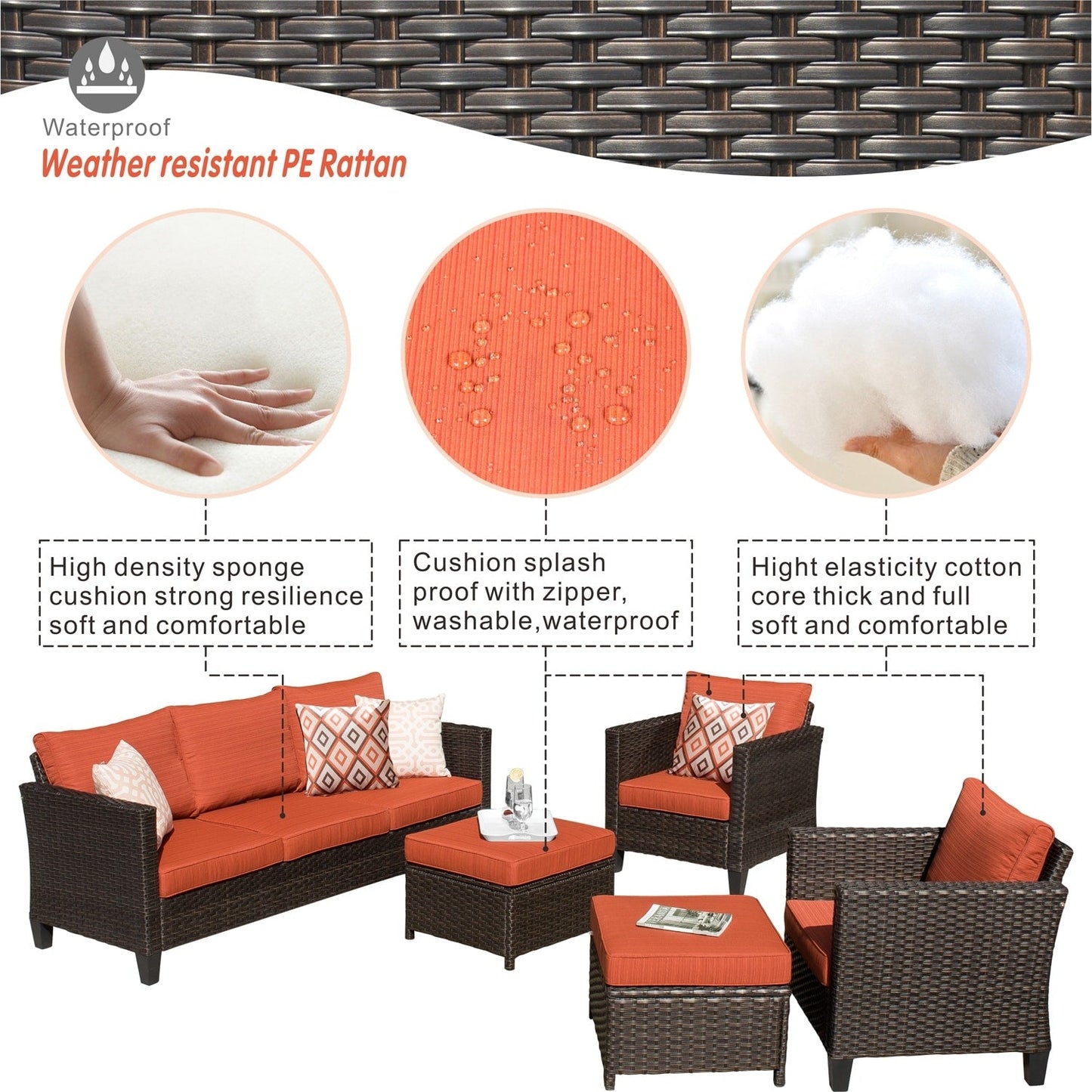 Ensemble de mobilier de patio OVIOS 5 pièces en résine tressée avec dossier haut