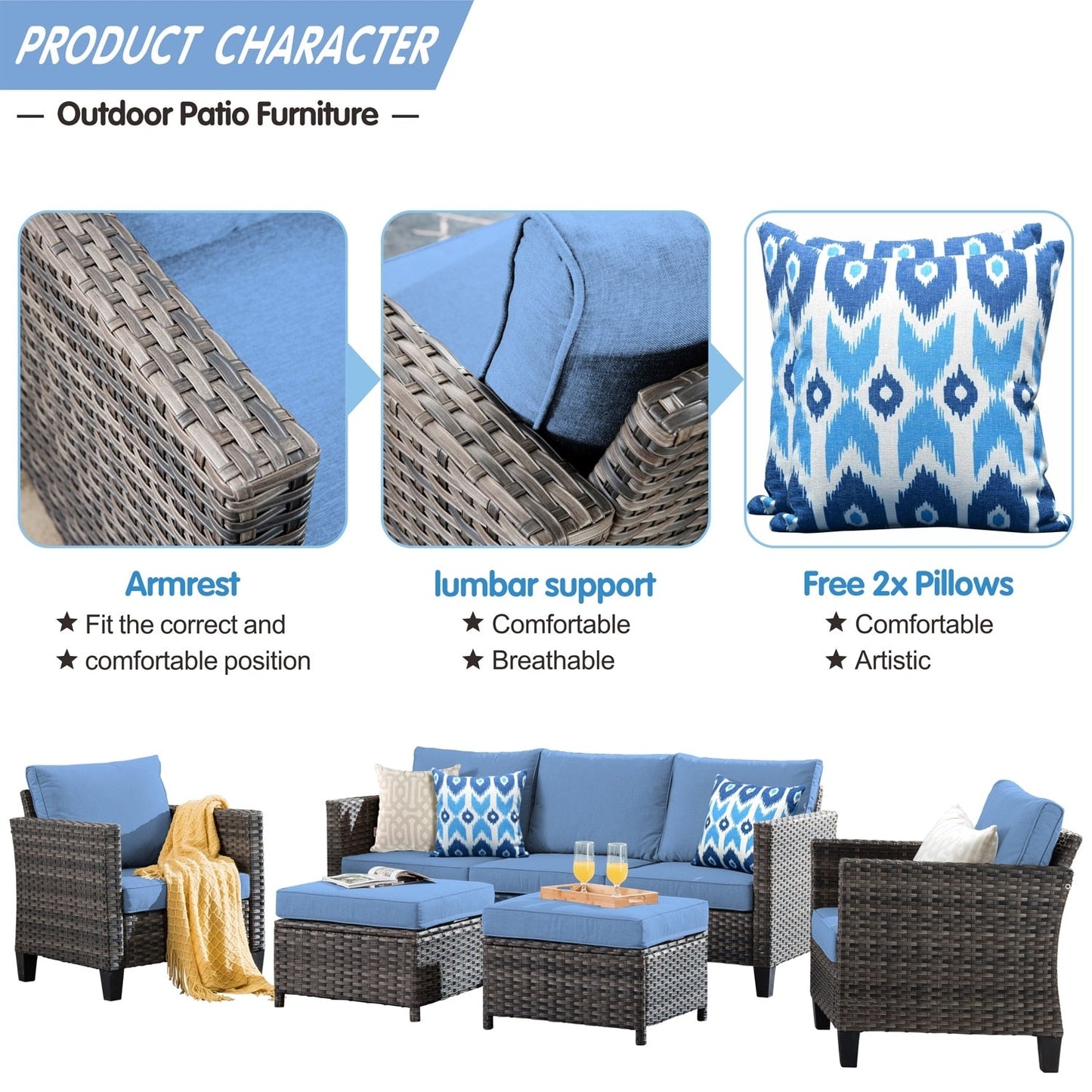 Ensemble de mobilier de patio OVIOS 5 pièces en résine tressée avec dossier haut