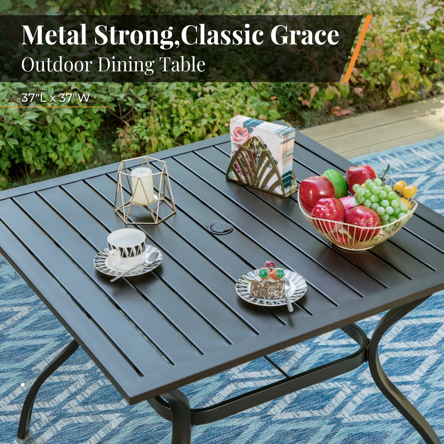 Ensemble de salle à manger d'extérieur MAISON ARTS 6 pièces avec parasol à 3 niveaux inclinable automatiquement de 3 m : 4 chaises d'extérieur en métal, 1 table à manger carrée en métal