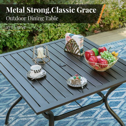 Ensemble de salle à manger d'extérieur MAISON ARTS 6 pièces avec parasol à 3 niveaux inclinable automatiquement de 3 m : 4 chaises d'extérieur en métal, 1 table à manger carrée en métal