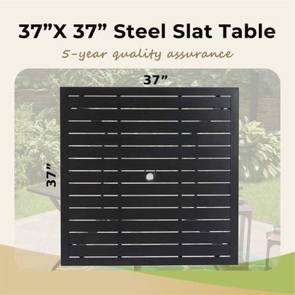 Ensemble de salle à manger d'extérieur MAISON ARTS 6 pièces avec parasol à 3 niveaux inclinable automatiquement de 3 m : 4 chaises d'extérieur en métal, 1 table à manger carrée en métal