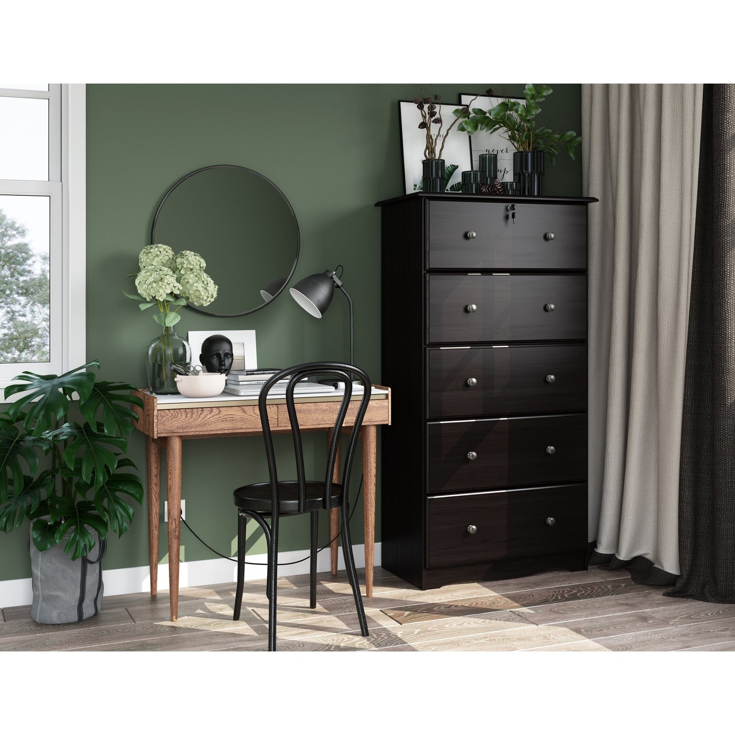 Commode à 5 tiroirs jumbo 100 % bois massif Palace Imports avec serrure et poignées en métal ou en bois