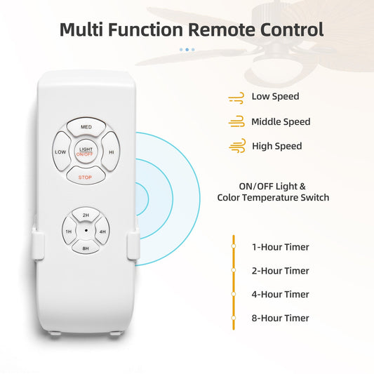 Ventilateur de plafond Moasis 52 à motif feuilles de palmier avec éclairage, style tropical et télécommande