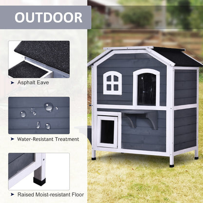 Niche extérieure à deux étages en bois de sapin PawHut, abri pour chats errants avec toit en asphalte ouvrable, pour une utilisation intérieure/extérieure, blanc/gris
