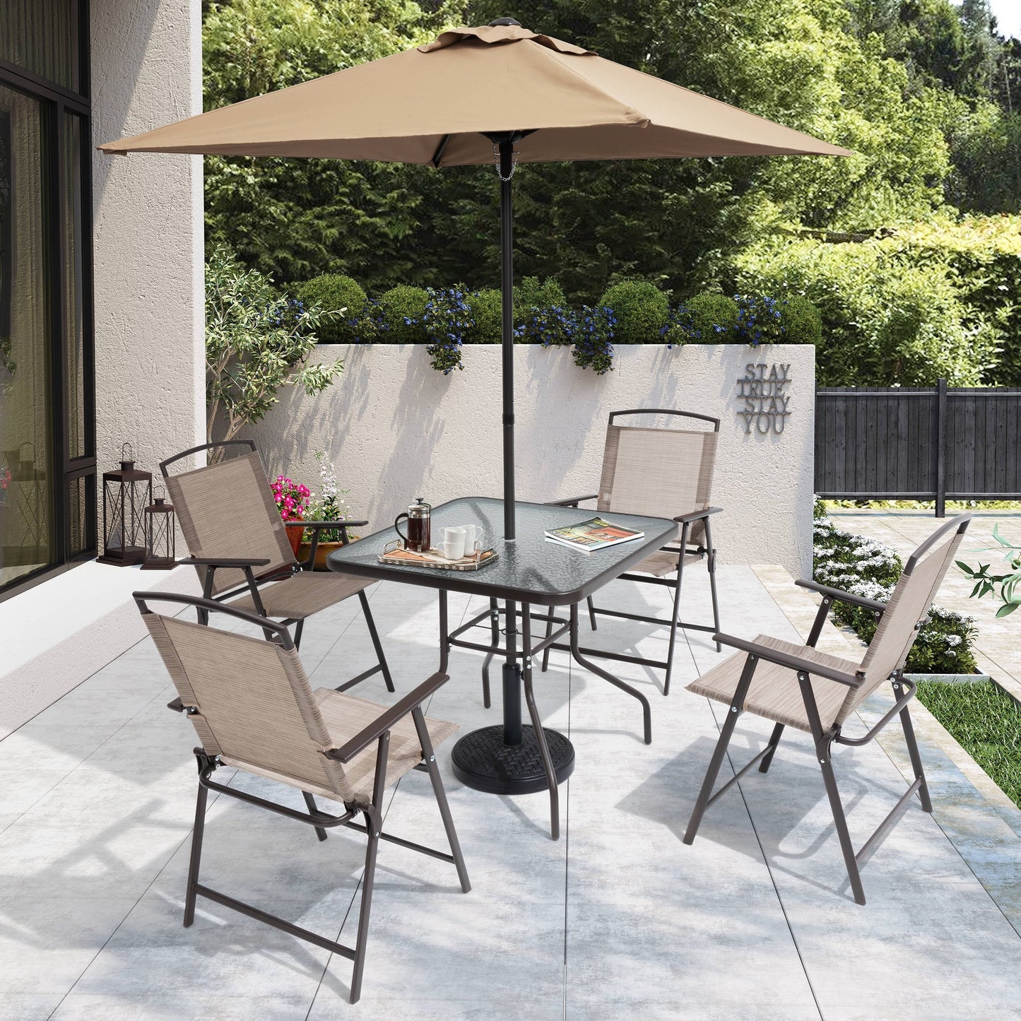 Ensemble de patio Pellabant 6 pièces avec table, parasol et 4 chaises pliantes - 57 cm (L) x 68 cm (P) x 88 cm (H)