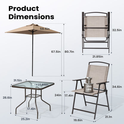 Ensemble de patio Pellabant 6 pièces avec table, parasol et 4 chaises pliantes - 57 cm (L) x 68 cm (P) x 88 cm (H)