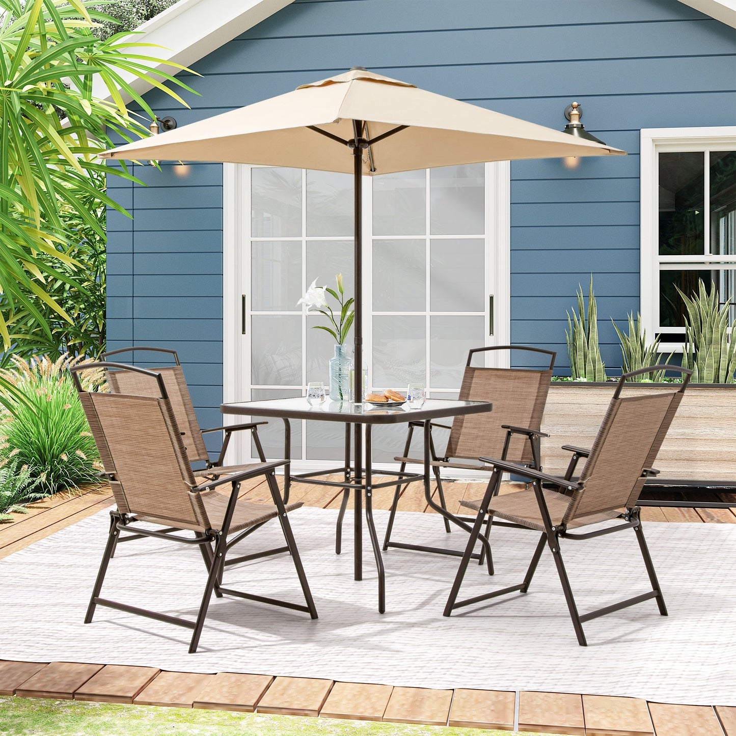 Ensemble de patio Pellabant 6 pièces avec table, parasol et 4 chaises pliantes - 57 cm (L) x 68 cm (P) x 88 cm (H)