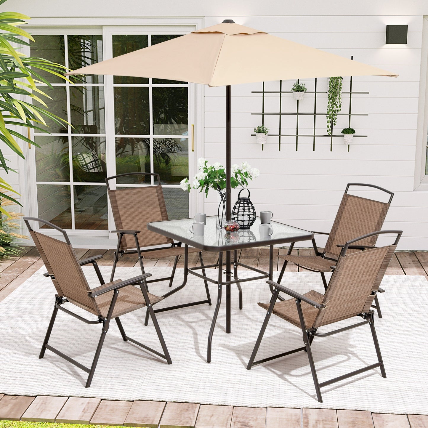 Ensemble de patio Pellabant 6 pièces avec table, parasol et 4 chaises pliantes - 57 cm (L) x 68 cm (P) x 88 cm (H)