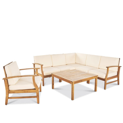 Ensemble de canapés d'extérieur 7 pièces en bois d'acacia Perla avec coussins, par Christopher Knight Home