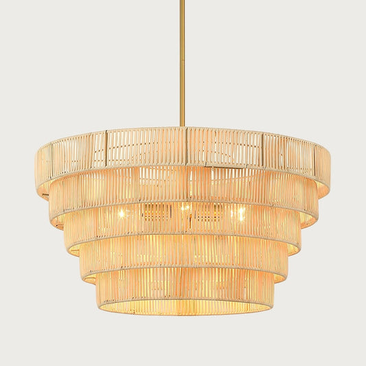 Lustre Piersan à 5 lumières de style bohème moderne avec abat-jour étagé en rotin - 66 cm de large