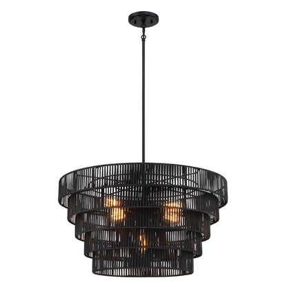 Lustre Piersan à 5 lumières de style bohème moderne avec abat-jour étagé en rotin - 66 cm de large