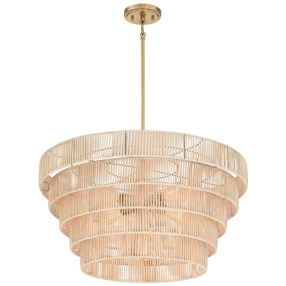 Lustre Piersan à 5 lumières de style bohème moderne avec abat-jour étagé en rotin - 66 cm de large