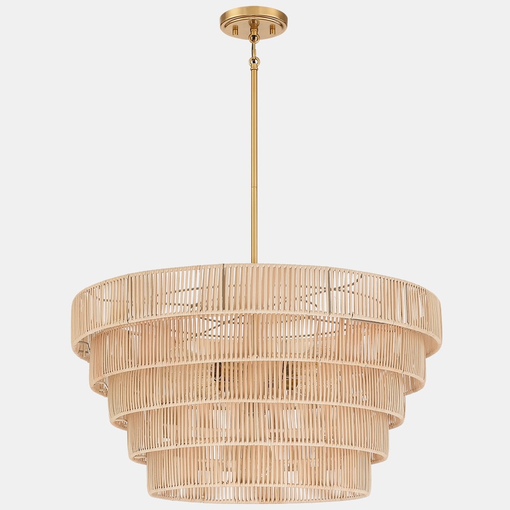 Lustre Piersan à 5 lumières de style bohème moderne avec abat-jour étagé en rotin - 66 cm de large
