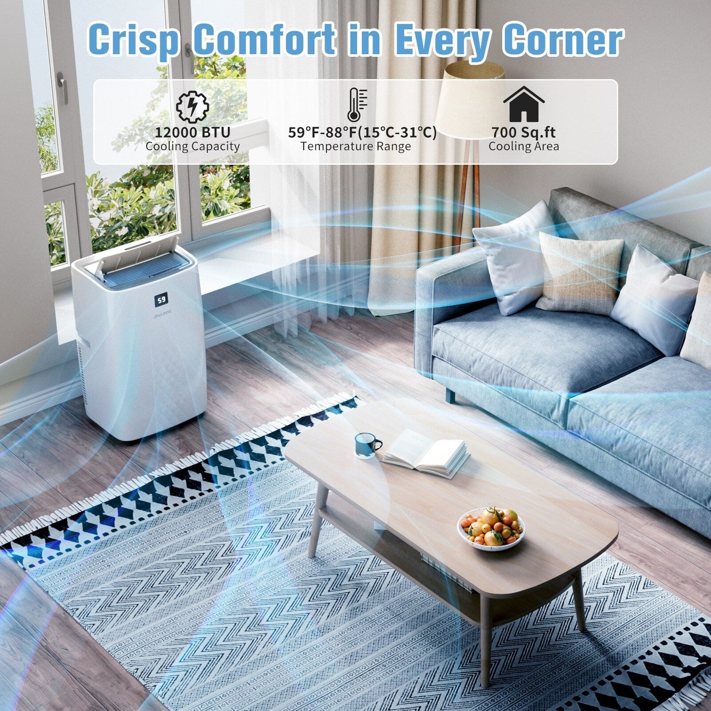 Climatiseur portable avec chauffage – 12 000 BTU en refroidissement et 10 000 BTU en chauffage pour des pièces jusqu’à 700 pieds carrés