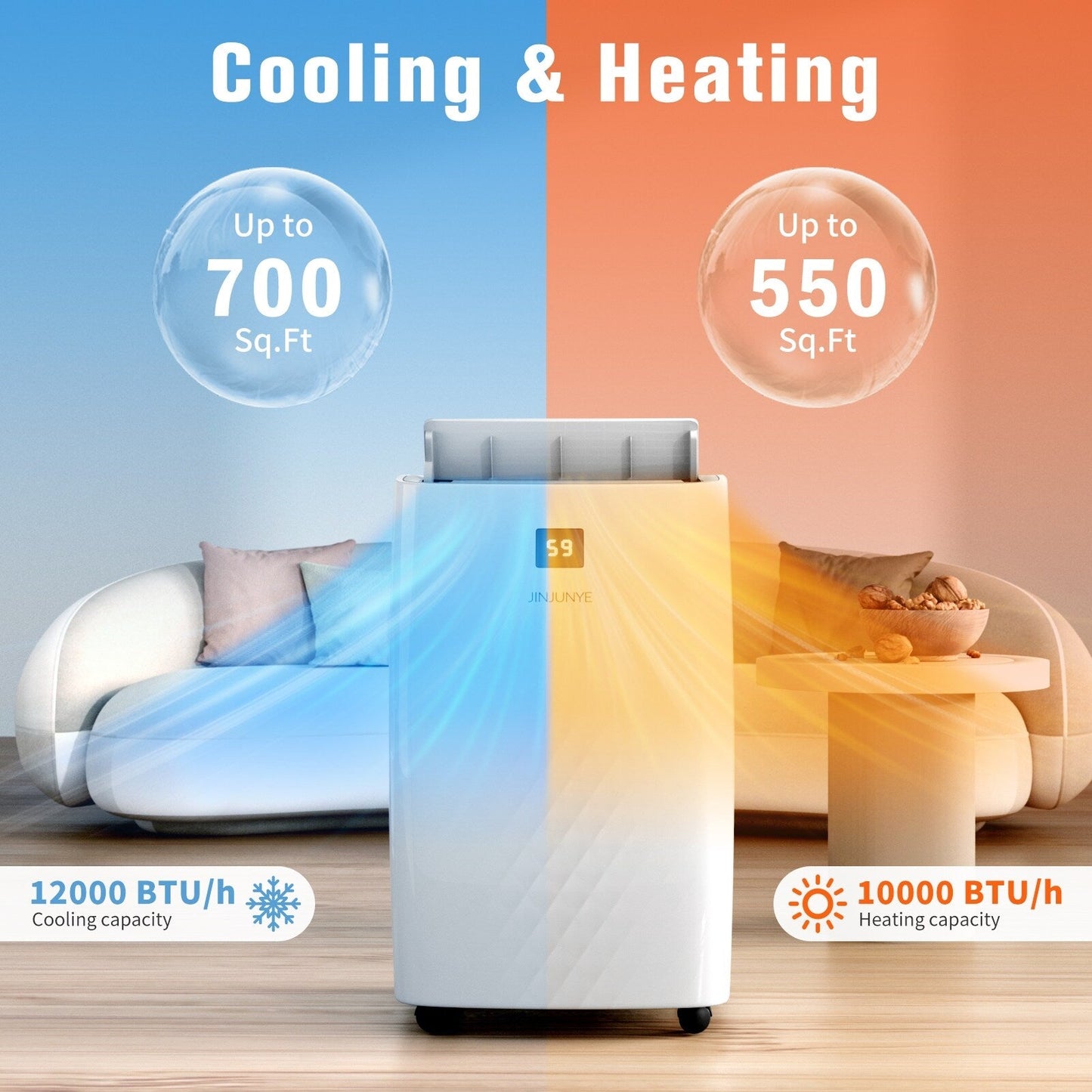 Climatiseur portable avec chauffage – 12 000 BTU en refroidissement et 10 000 BTU en chauffage pour des pièces jusqu’à 700 pieds carrés