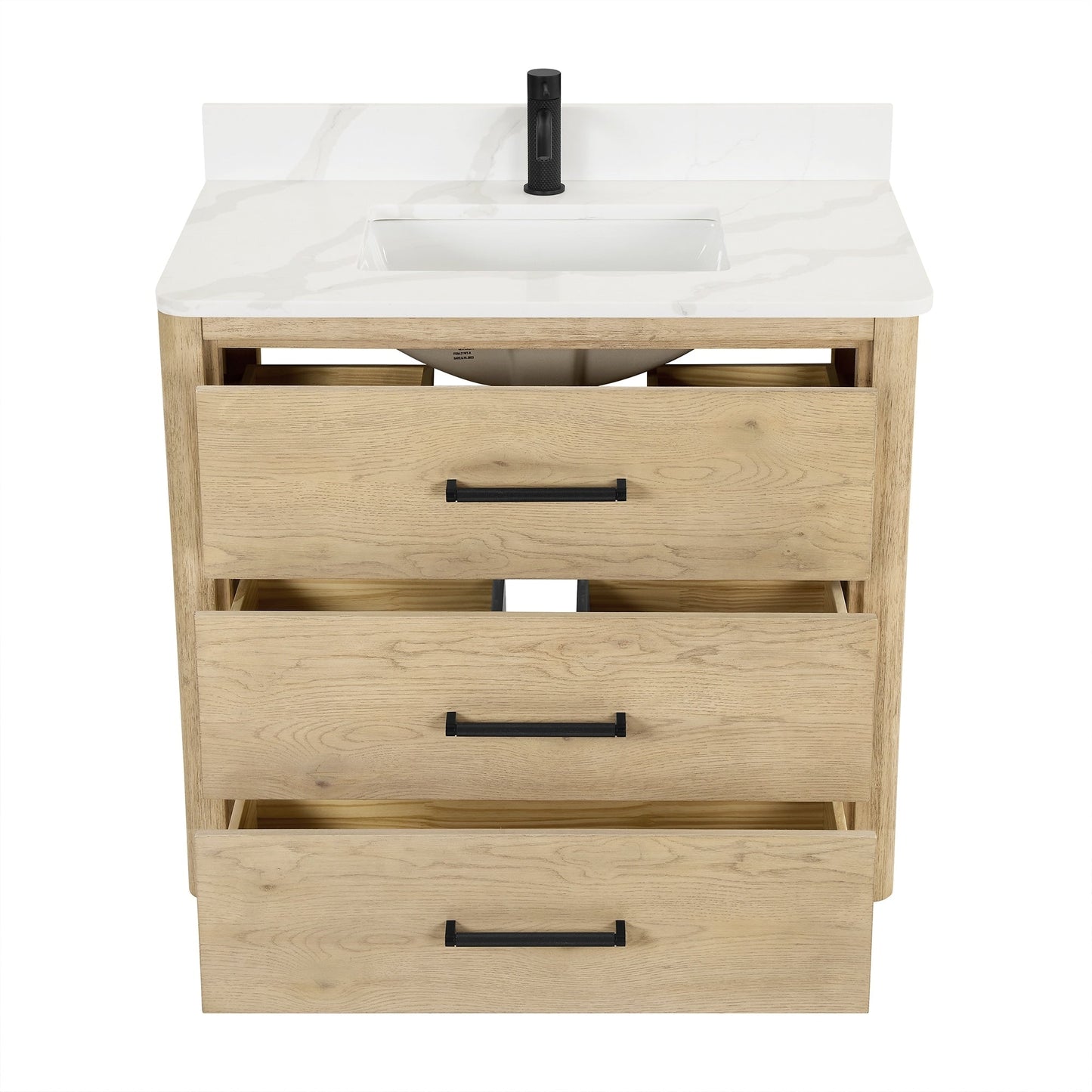 Meuble-lavabo Porto avec plateau en quartz blanc, sans miroir.