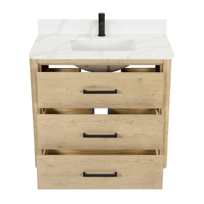 Meuble-lavabo Porto avec plateau en quartz blanc, sans miroir.