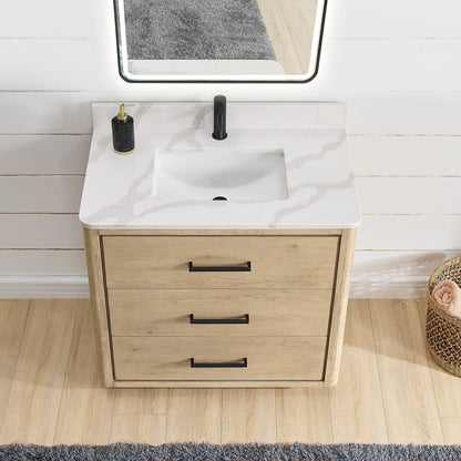Meuble-lavabo Porto avec plateau en quartz blanc, sans miroir.