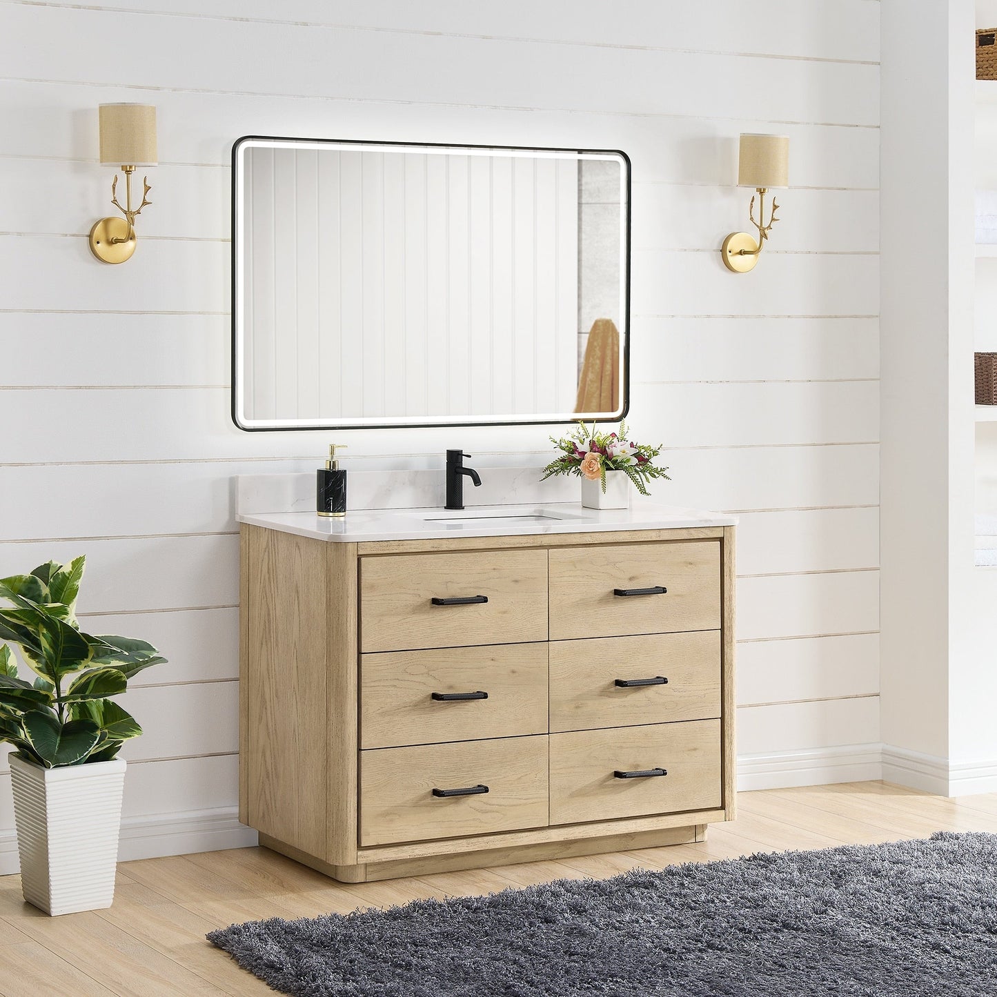 Meuble-lavabo Porto avec plateau en quartz blanc, sans miroir.